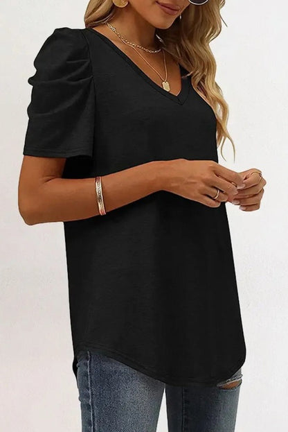 Puff Sleeve V Neck T-Shirt