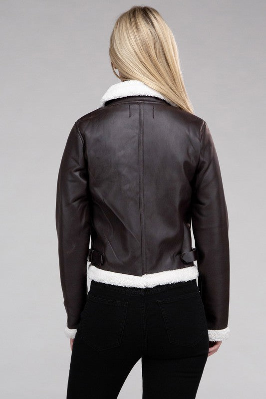 Women's Plush Teddy Trimmed Leather Jacket