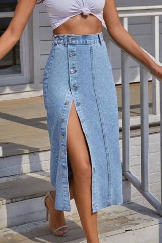 Denim Buttoned Split Midi Skirt