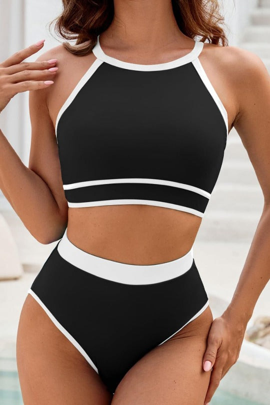 Crew Neck Contrast Trim Bikini Set