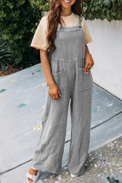 Gray Textured Wide Leg Overall Jumpsuit