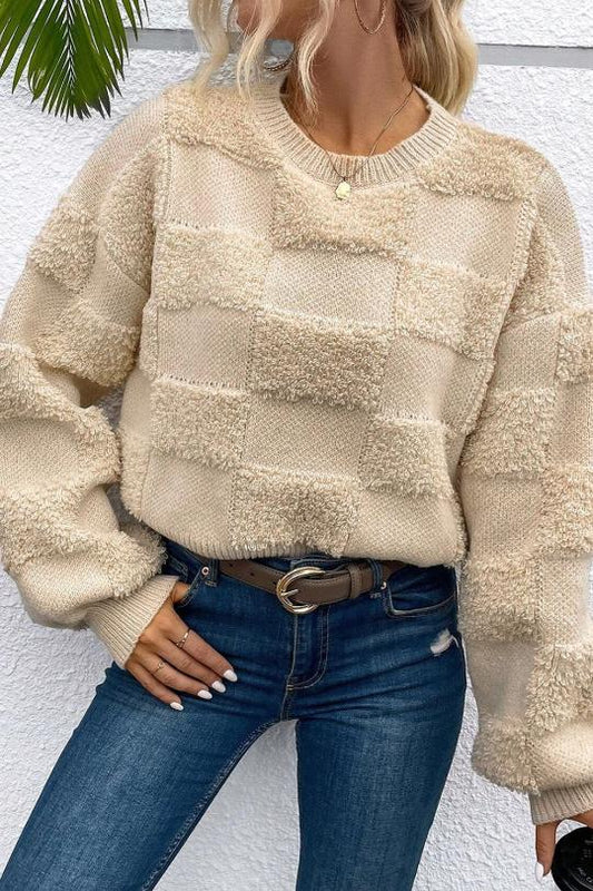 Women's Fur Checkered Long Sleeve Sweater