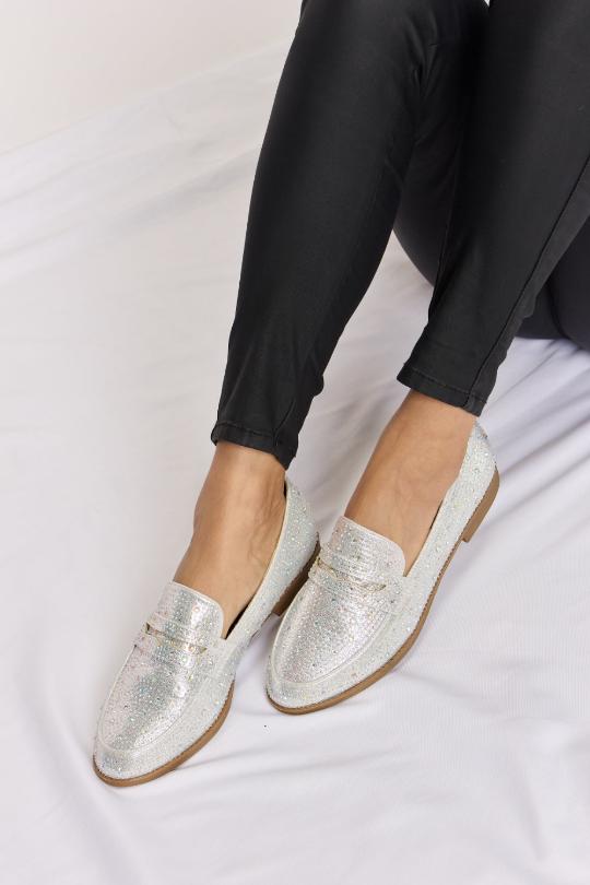 Silver Rhinestone Point Toe Loafers