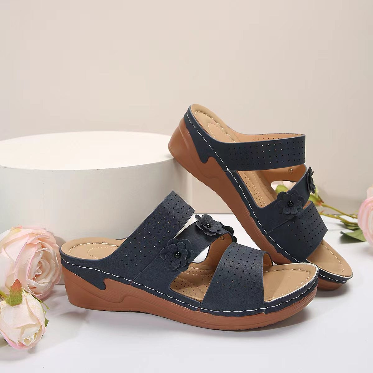 Flower Design Suede Wedge Sandals