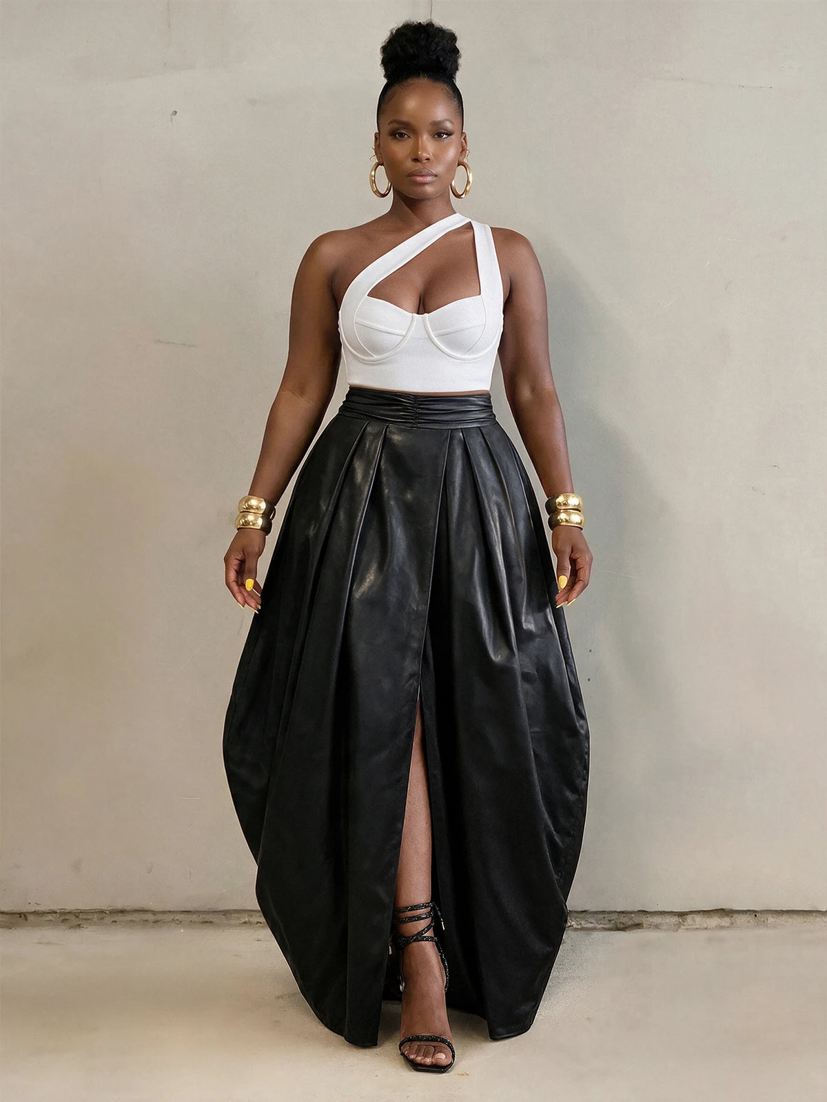 Midnight Lantern Pleated Faux Leather Maxi Skirt