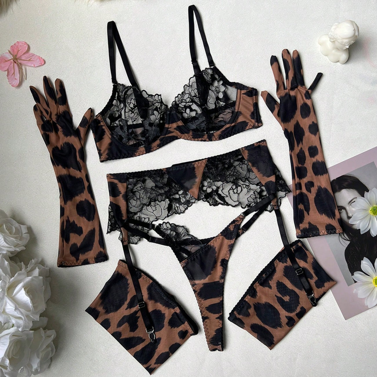 Savanna Noir Embroidered Leopard Lingerie Set