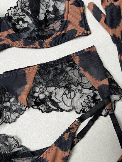 Savanna Noir Embroidered Leopard Lingerie Set