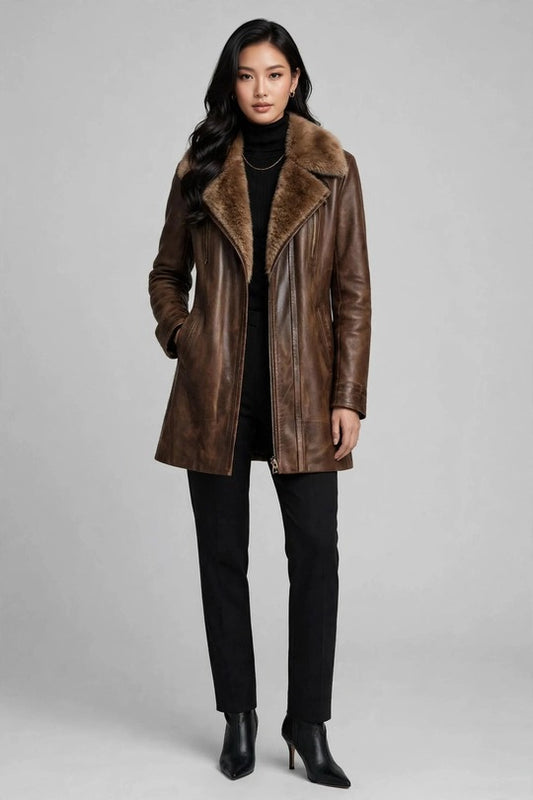 Women's Vintage Distressed Raw Hide Leather Coat