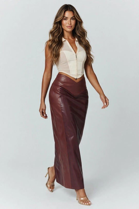 Vesper Merlot Faux Leather Maxi Skirt