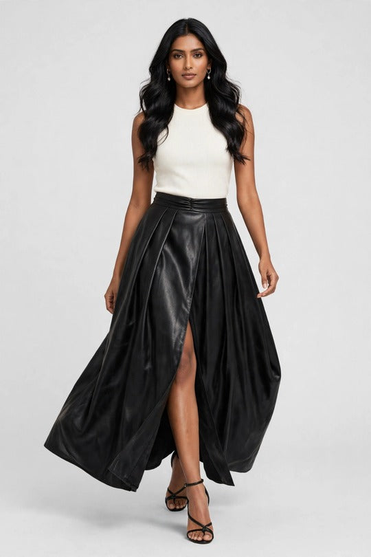 Midnight Lantern Pleated Faux Leather Maxi Skirt