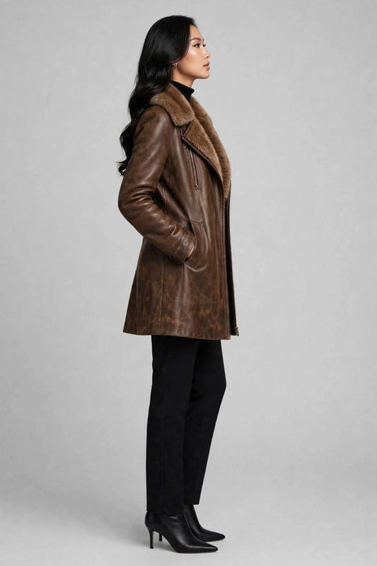 Women's Vintage Distressed Raw Hide Leather Coat