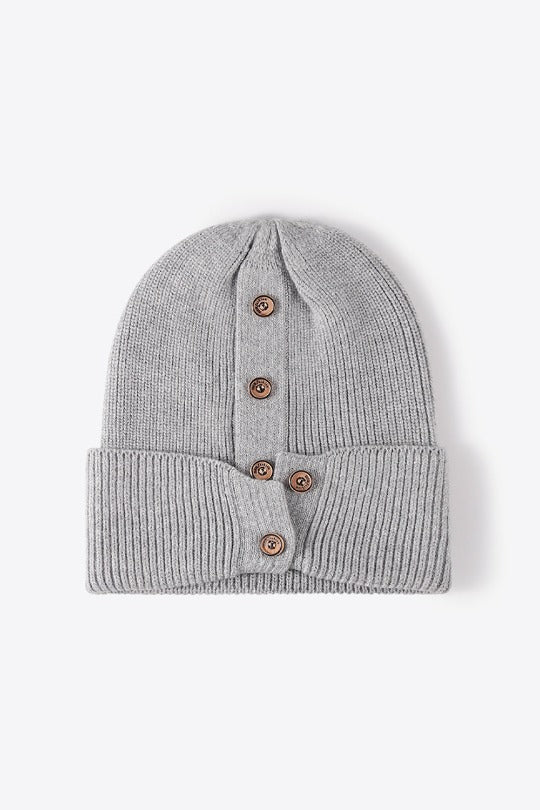 Button Detail Rib-Knit Cuff Beanie Hat