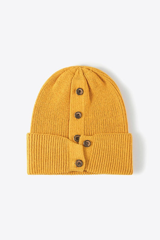 Button Detail Rib-Knit Cuff Beanie Hat