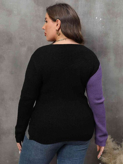 Plus Size Two-Tone Plunge Neck Sweater