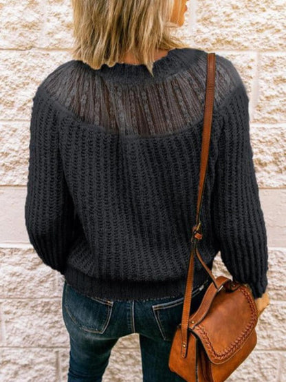 Semi-Sheer Round Neck Rib-Knit Sweater