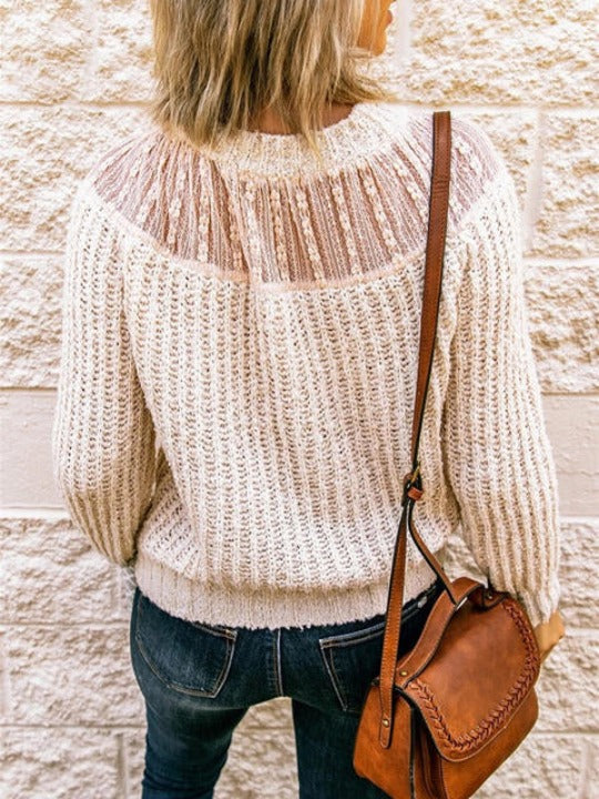 Semi-Sheer Round Neck Rib-Knit Sweater