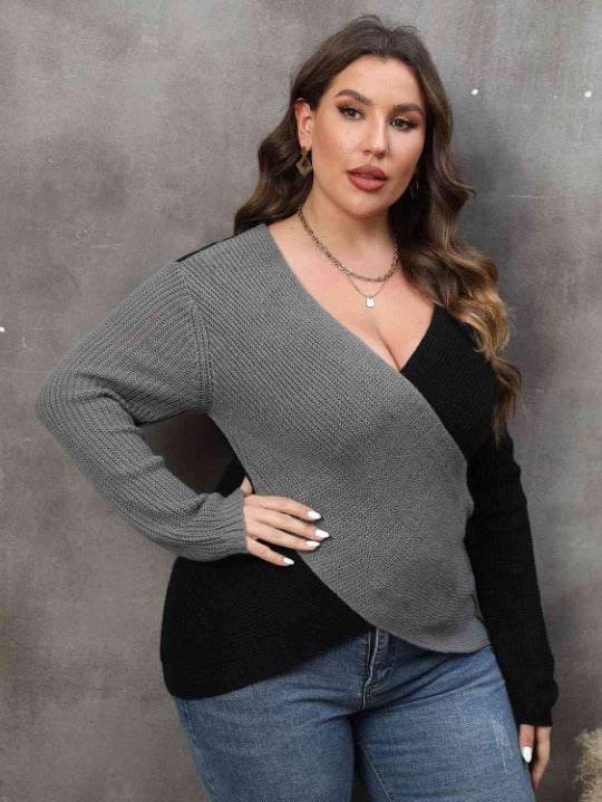 Plus Size Two-Tone Plunge Neck Sweater