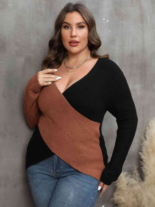 Plus Size Two-Tone Plunge Neck Sweater