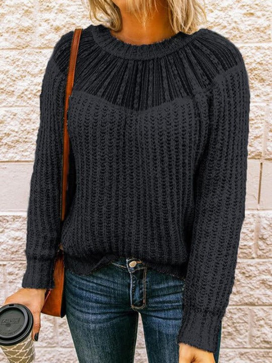 Semi-Sheer Round Neck Rib-Knit Sweater