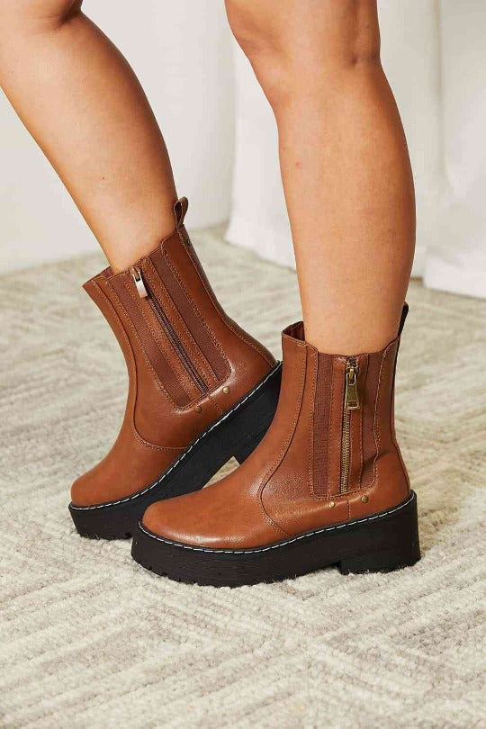 Leather Side Zip Platform Boots