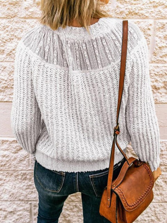 Semi-Sheer Round Neck Rib-Knit Sweater