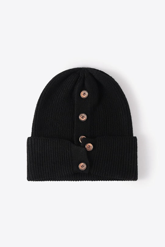 Button Detail Rib-Knit Cuff Beanie Hat