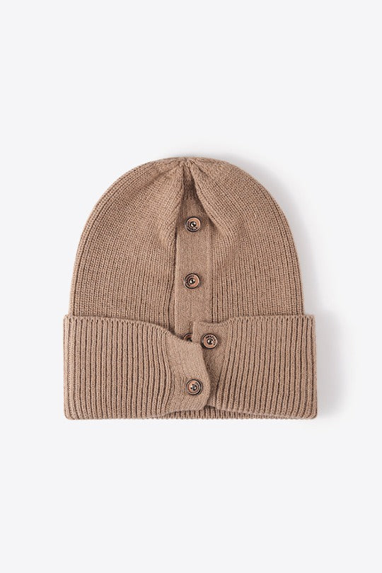 Button Detail Rib-Knit Cuff Beanie Hat
